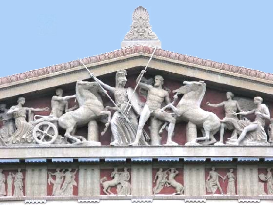 Reconstruction of sculptures on the Parthenon's west pediment, showing some imagined colours