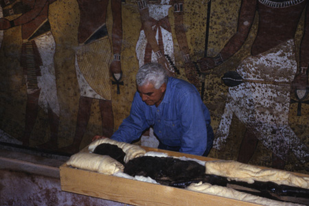 Zahi Hawass investigating Tut's mummy c. Sandro Vannini