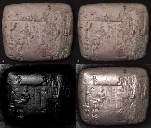 HP images showing different lighting effects on a cuneiform tablet