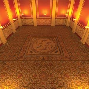 Simulation of the hunting room at Conimbriga as lit by traditional Roman lamps c. Alexandrino Goncalves