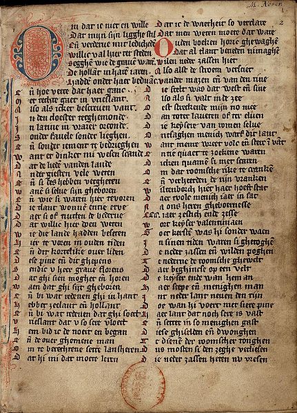 First page of the Rijmkroniek by Melis Stoke (Manuscript A, 14th century) Parchment, 90 pages