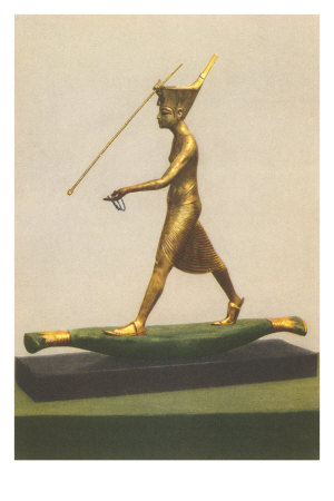 Gilded King Tut statue spear fishing from reed boat