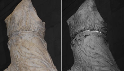 British Museum image of Iris, normal photo on left, and infrared photo (showing glowing pigment) on right